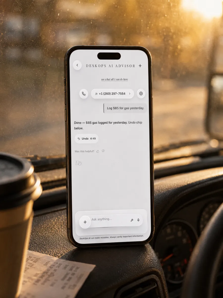 DeskOps AI advisor on a phone resting on a service truck dashboard at golden hour, logging an expense
